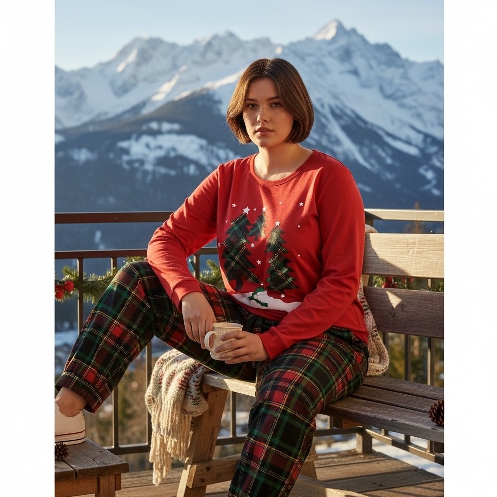 New Dreams & Co Pajama Set Womens 3X Red Festive Christmas Tree Plaid Sleepwear